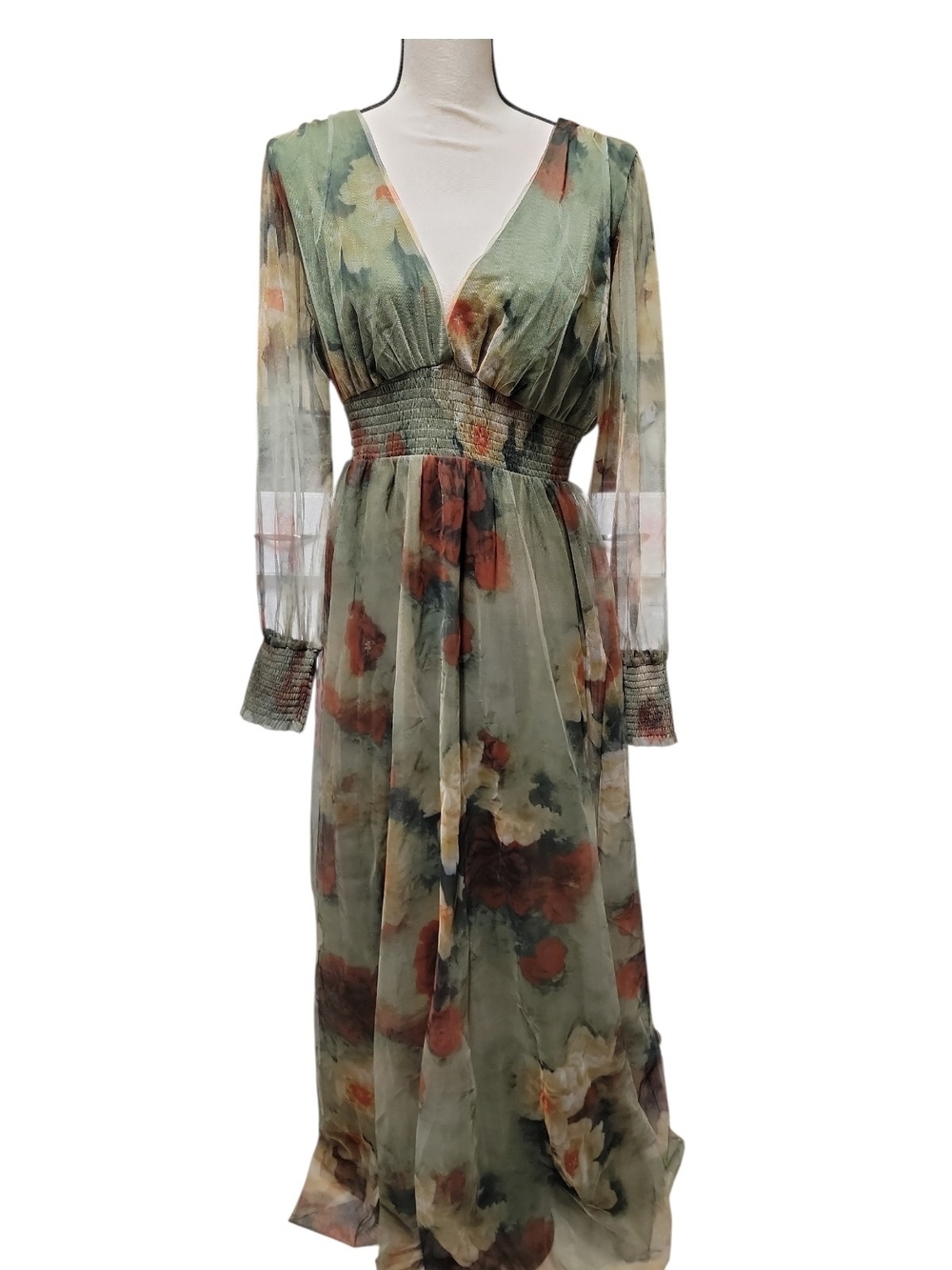 NWT Baltic Born Olive Green Floral Maxi Dress with Rust Accents